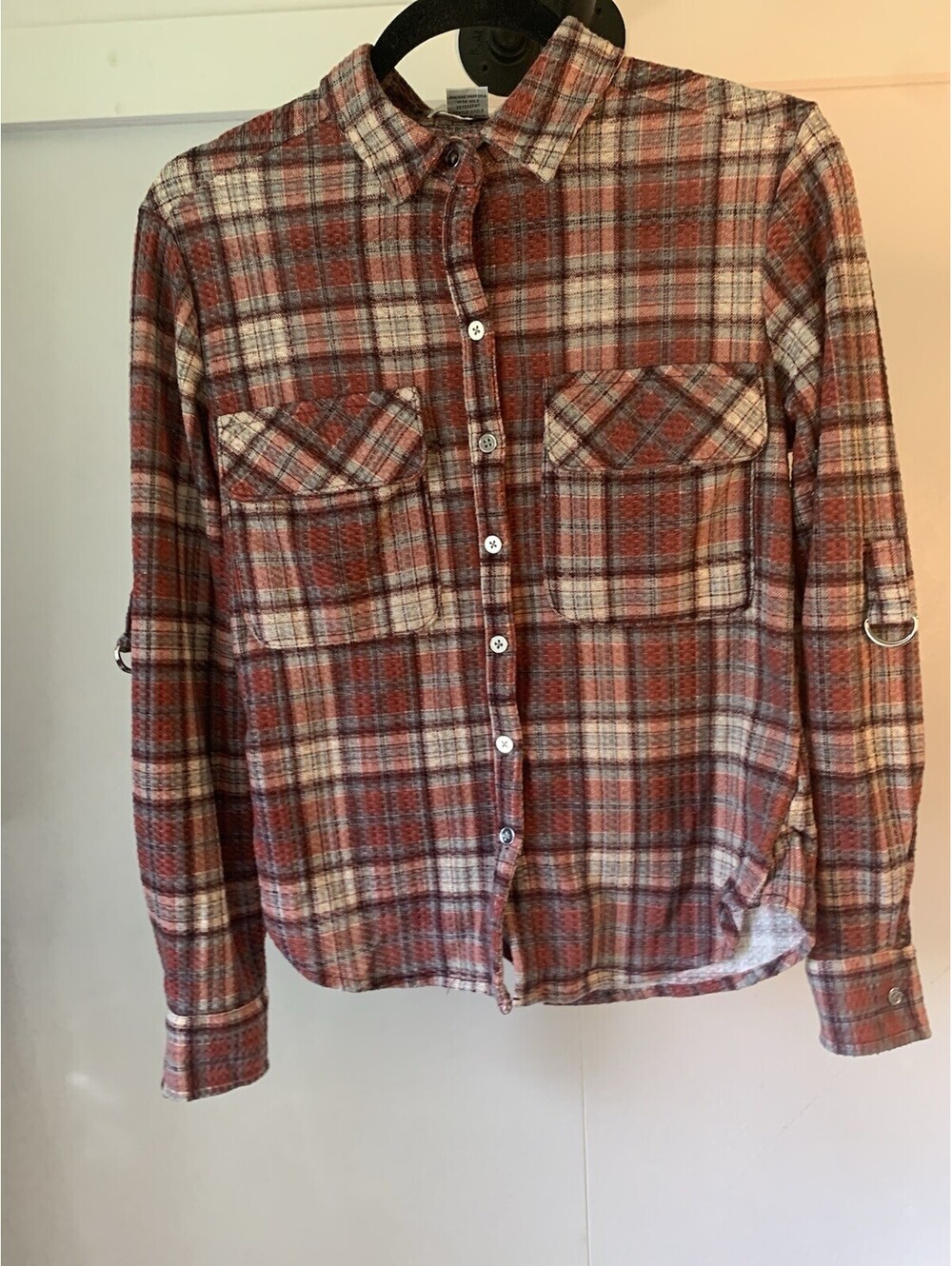 Love Potion Womens Plaid Long Sleeve Button Waffle Knit Small